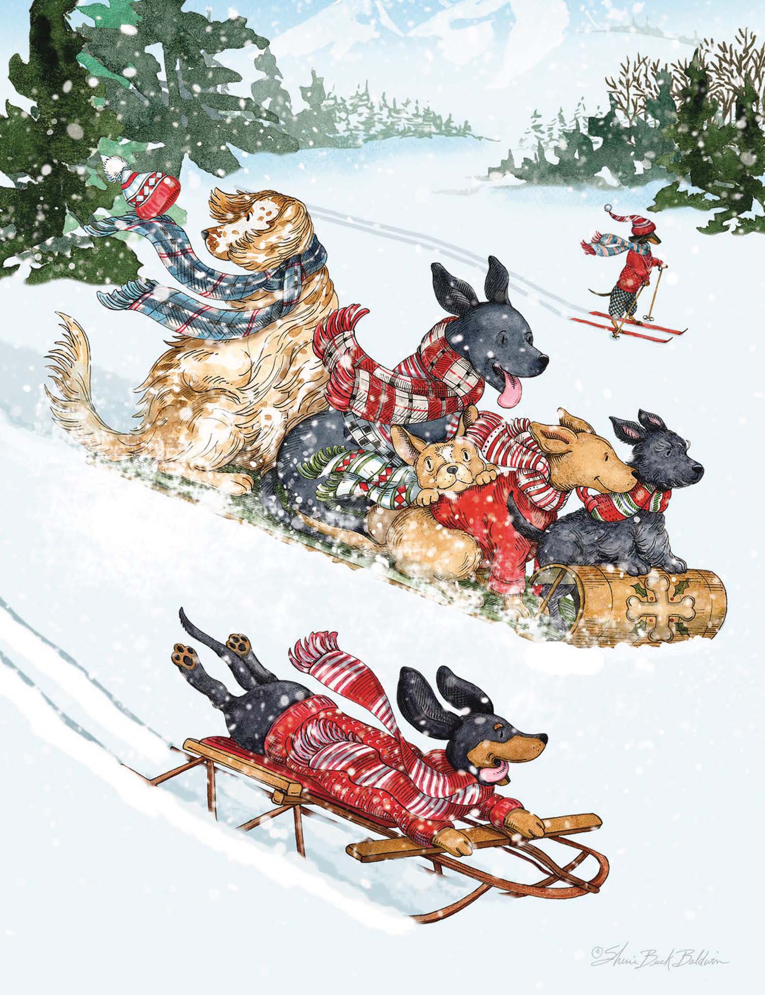 Illustration of dogs in winter clothing sledding through a snowy landscape.