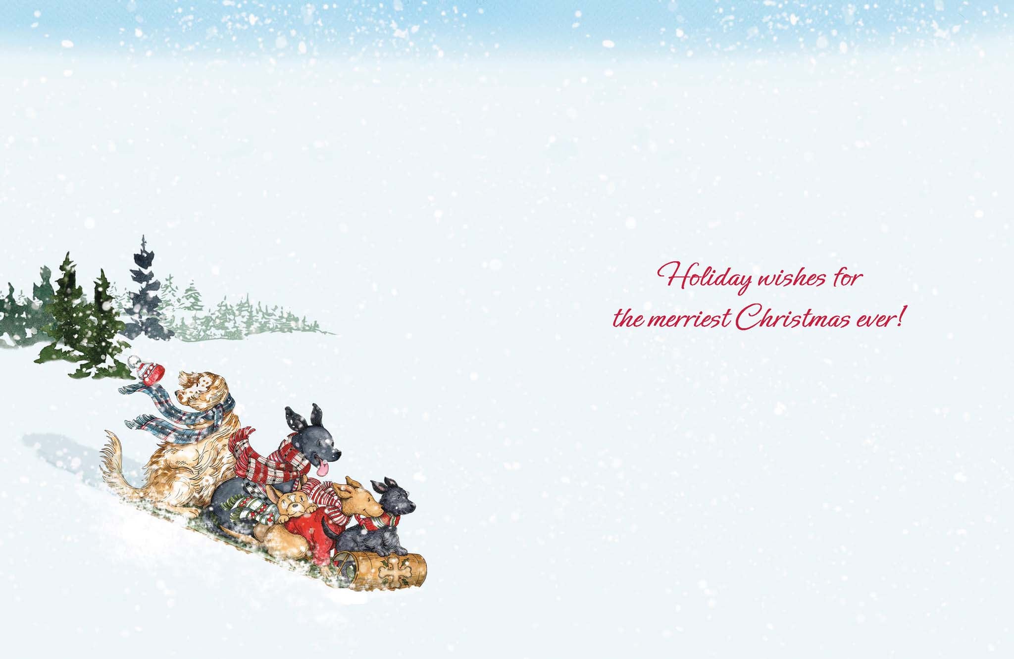 Vintage-style Christmas card with Santa Claus in a sleigh pulled by reindeer against a snowy background.