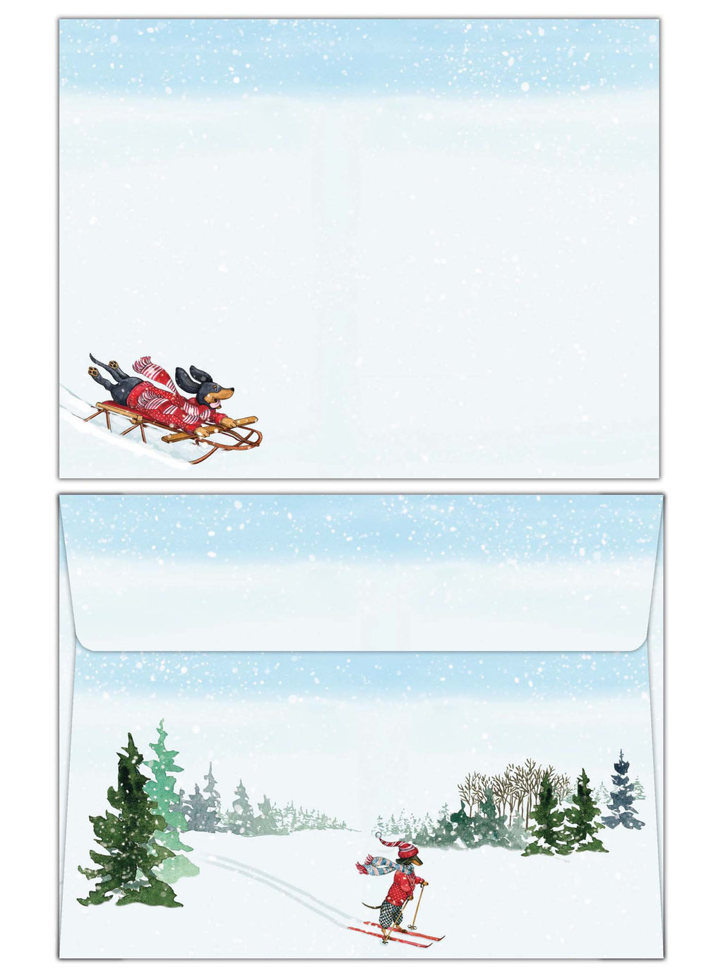 Two winter-themed cards showing a person sledding and another skiing in a snowy landscape.