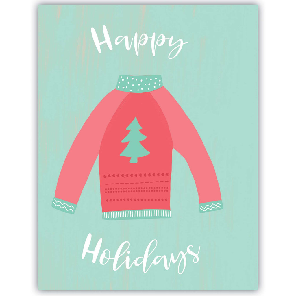 Card with a red sweater illustration and 'Happy Holidays' text on a light blue background