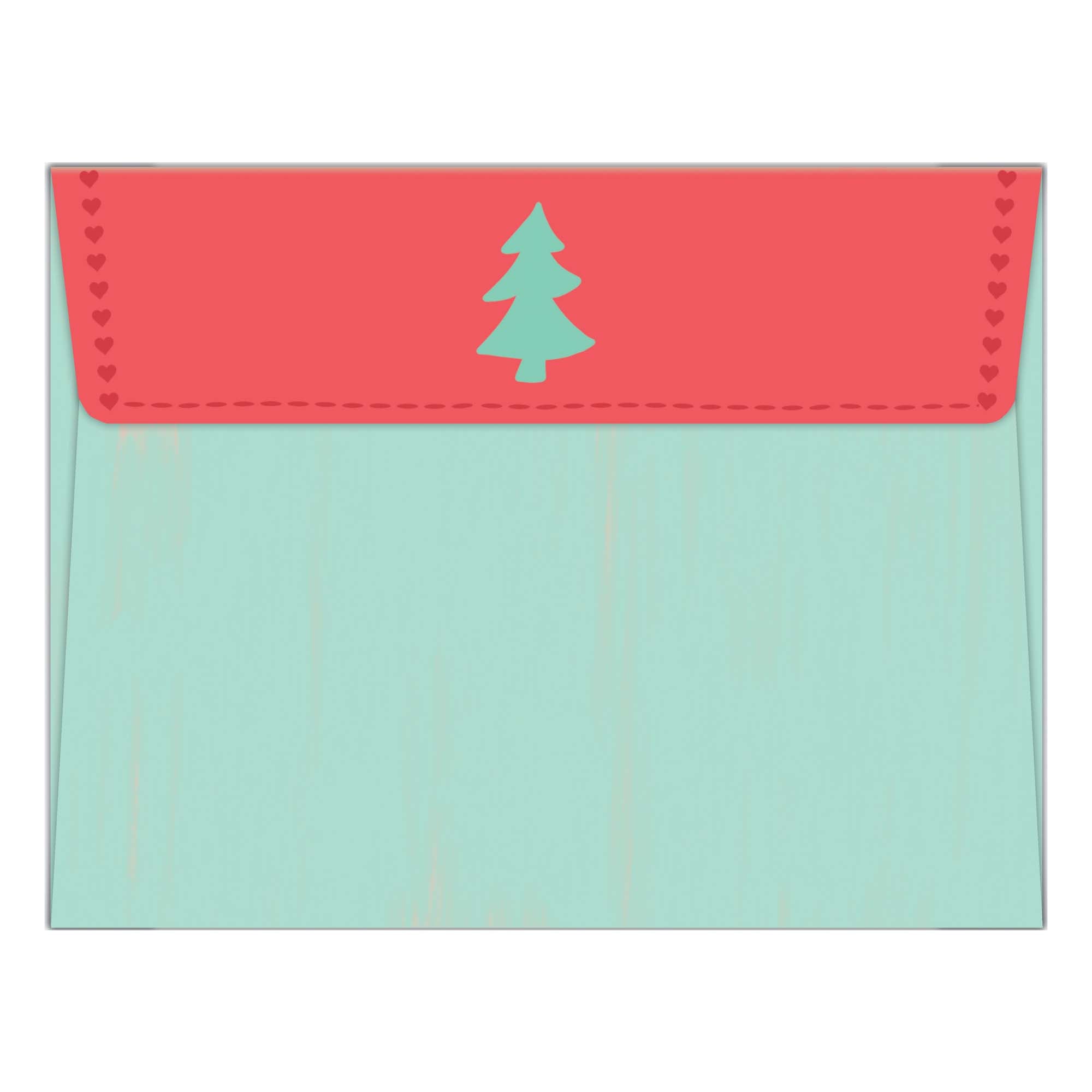 Colorful envelope with a red flap and green tree design on a white background