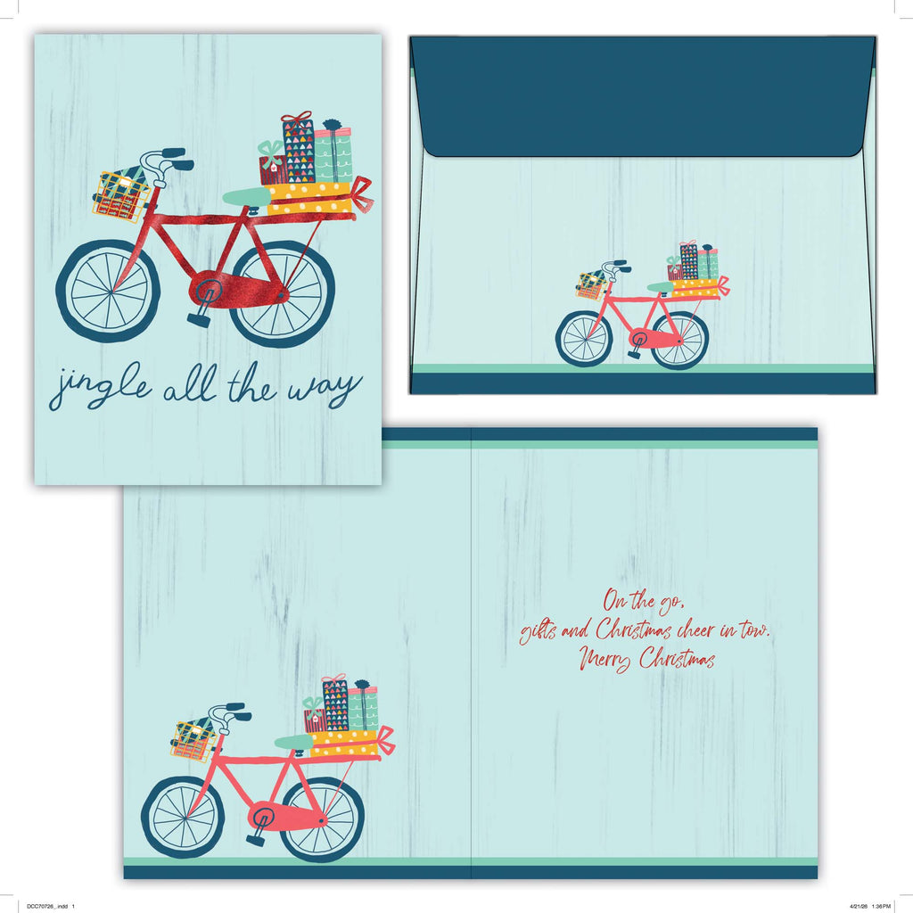 Christmas card with a red bicycle carrying gifts and an envelope with the same design.