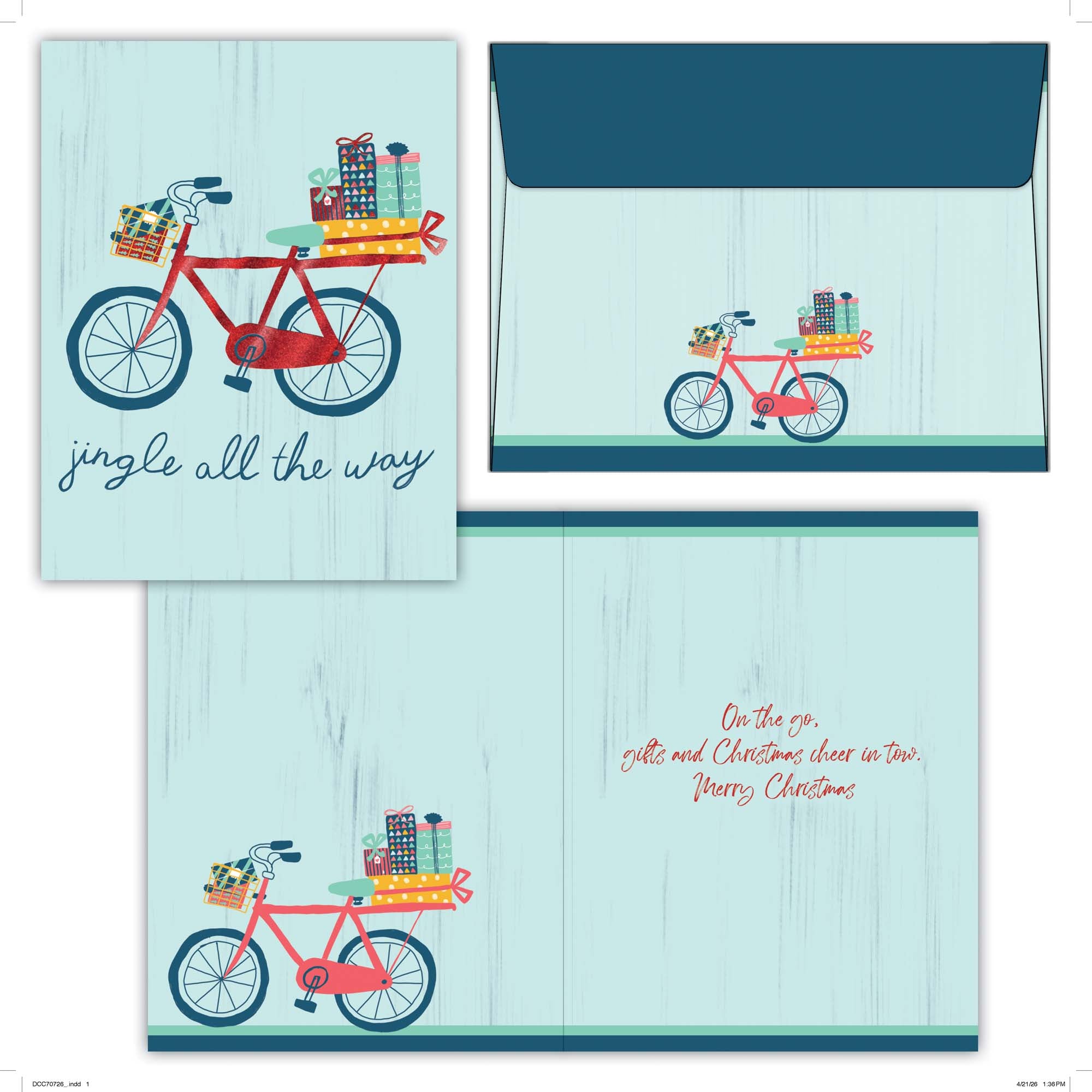 Christmas card with a red bicycle carrying gifts and an envelope with the same design.