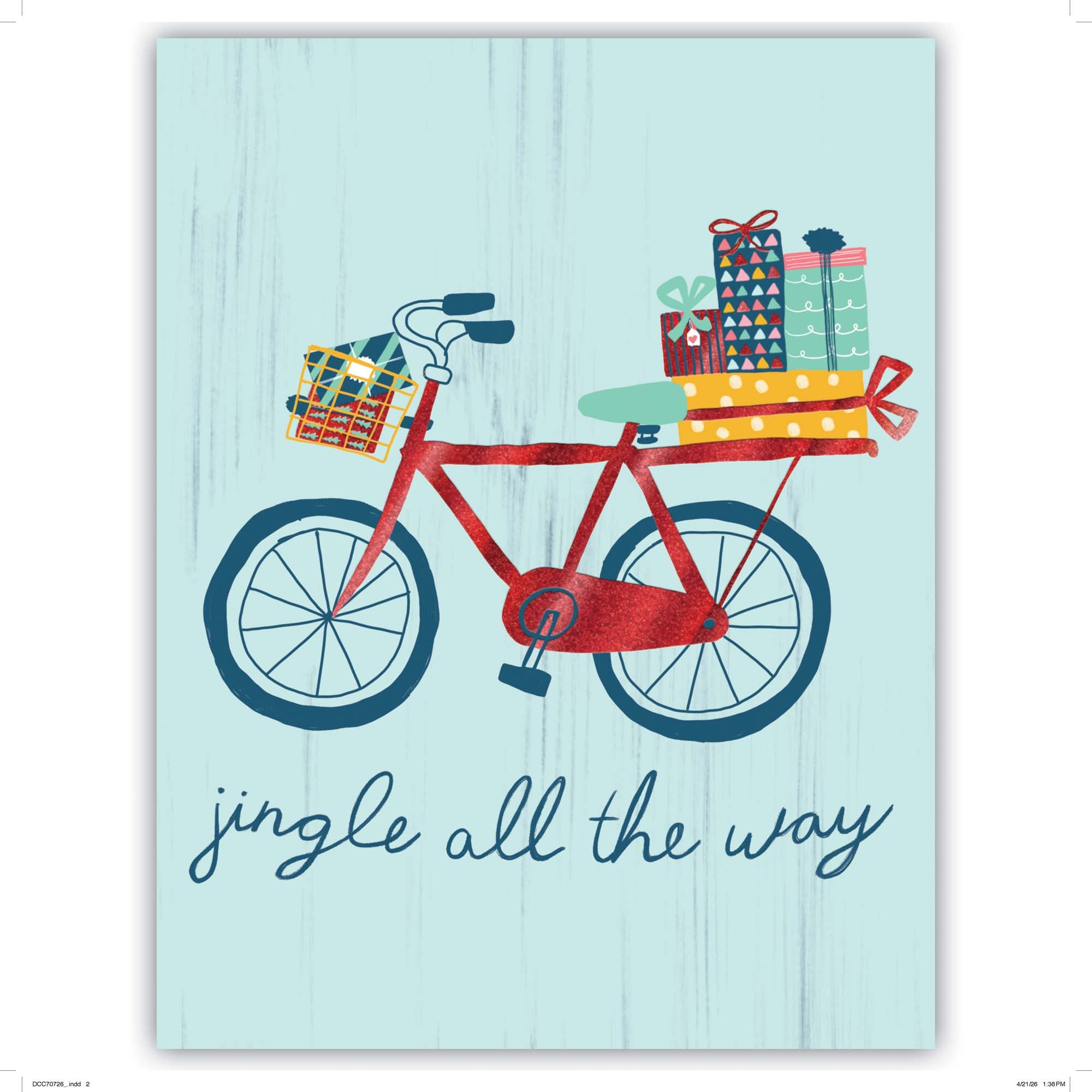 Illustration of a red bicycle with gift boxes on a light blue background, featuring the text 'jingle all the way'.