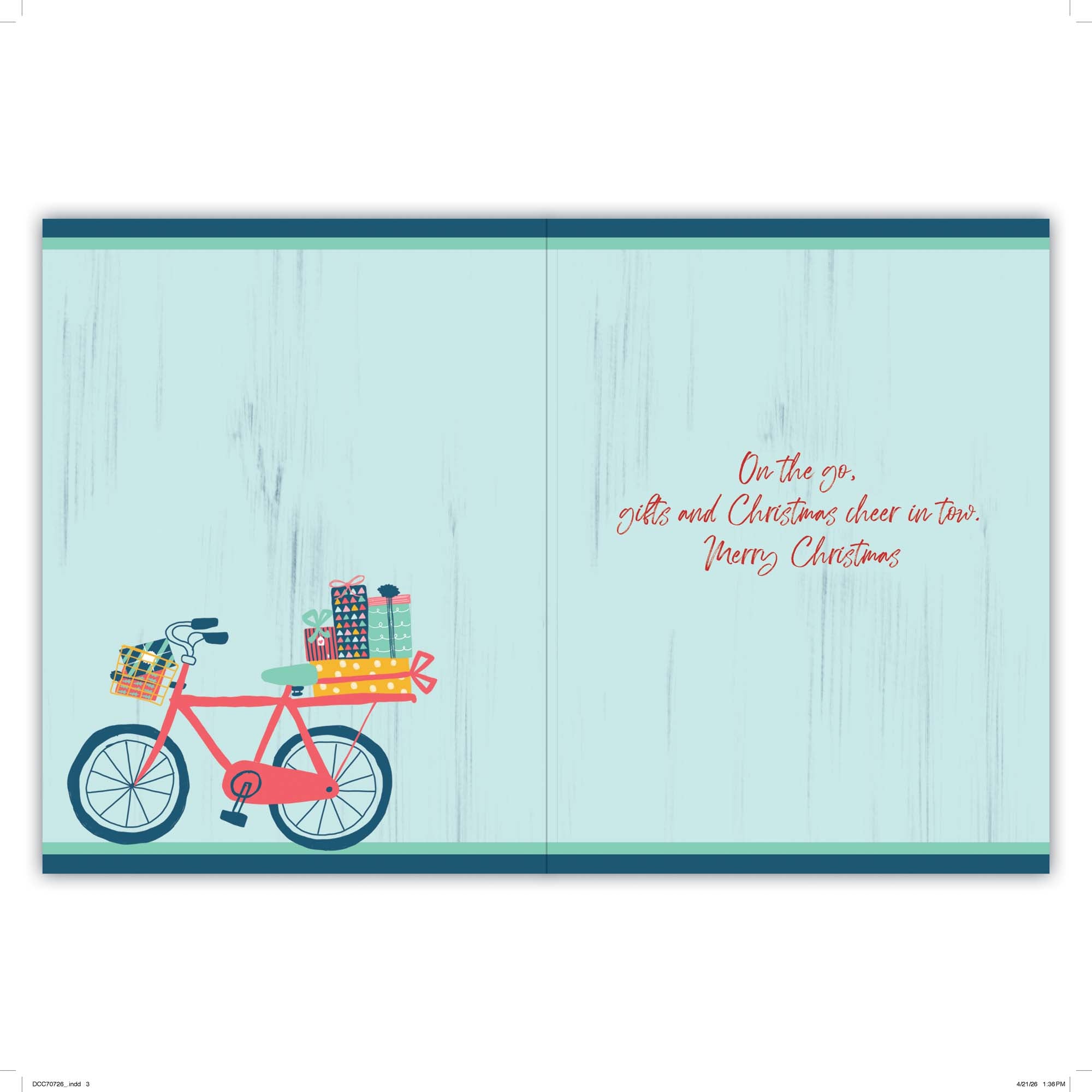 Christmas card with a red bicycle carrying gifts on a light blue background