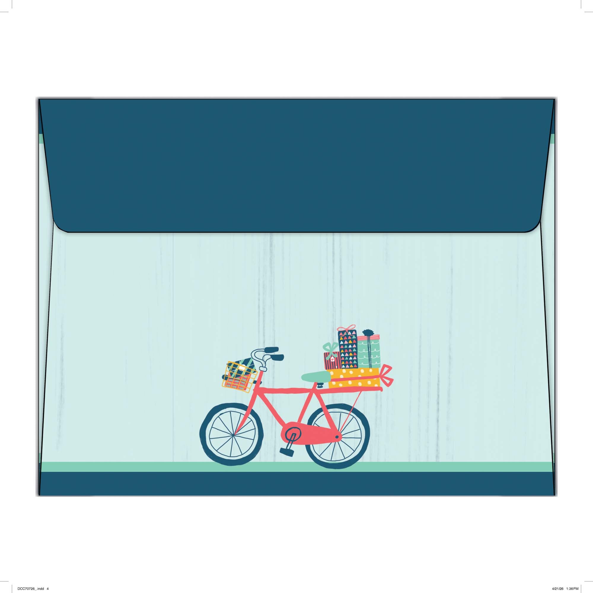 Envelope with a bicycle and gift box design on a light blue background
