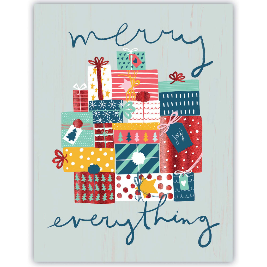 Card with colorful gift boxes and 'Merry Everything' text on a light blue background