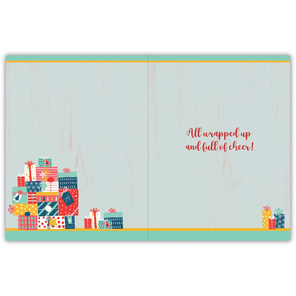 Greeting card with colorful gift illustrations and text on a light blue background
