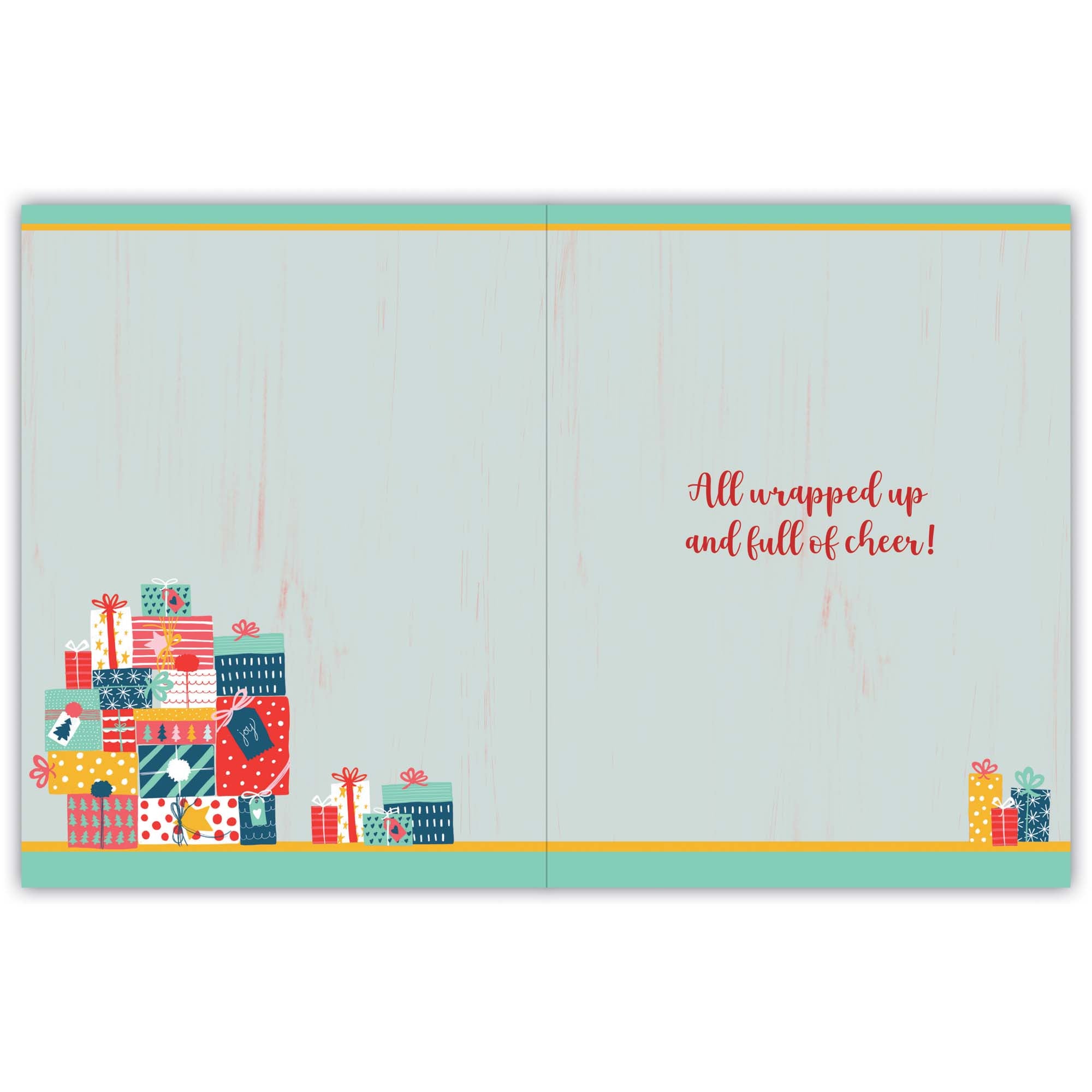 Greeting card with colorful gift illustrations and text on a light blue background