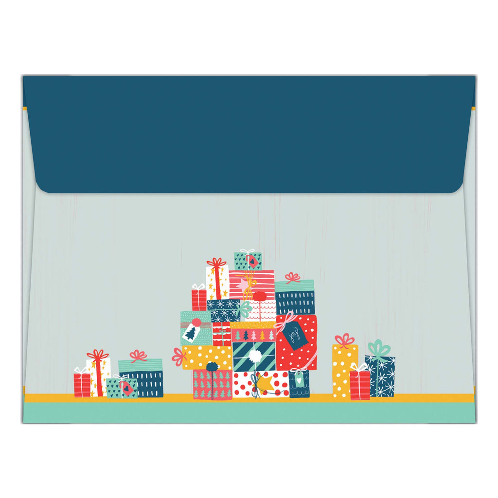 Envelope with colorful gift box design on a white background