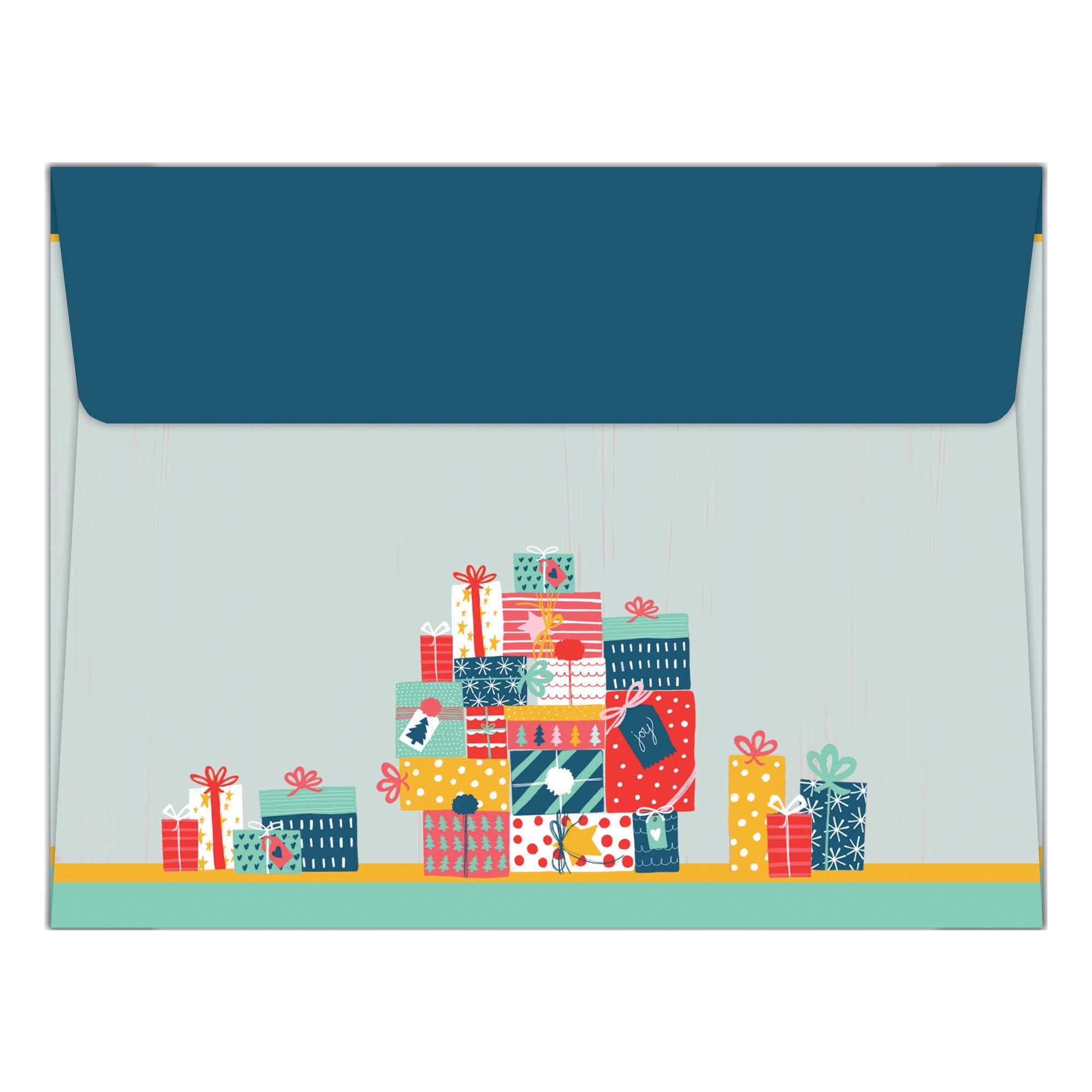 Envelope with colorful gift box design on a white background