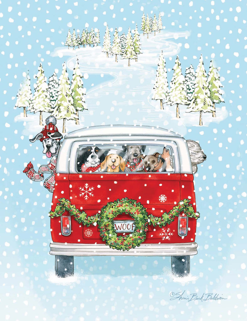 Red van with dogs and Christmas decorations on a snowy background