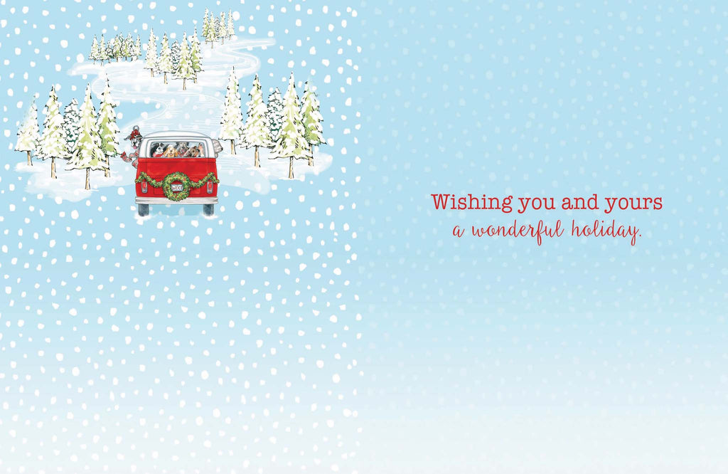 Christmas card with a red truck and trees on a blue snowy background