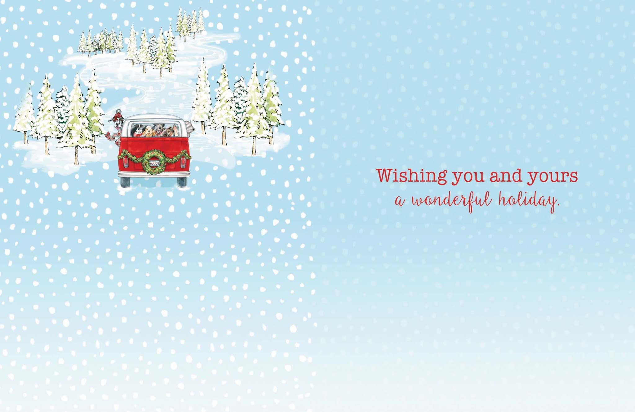 Christmas card with a red truck and trees on a blue snowy background