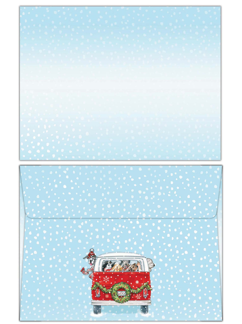 Two blue polka dot envelopes with a red van and Christmas wreath design on a white background.