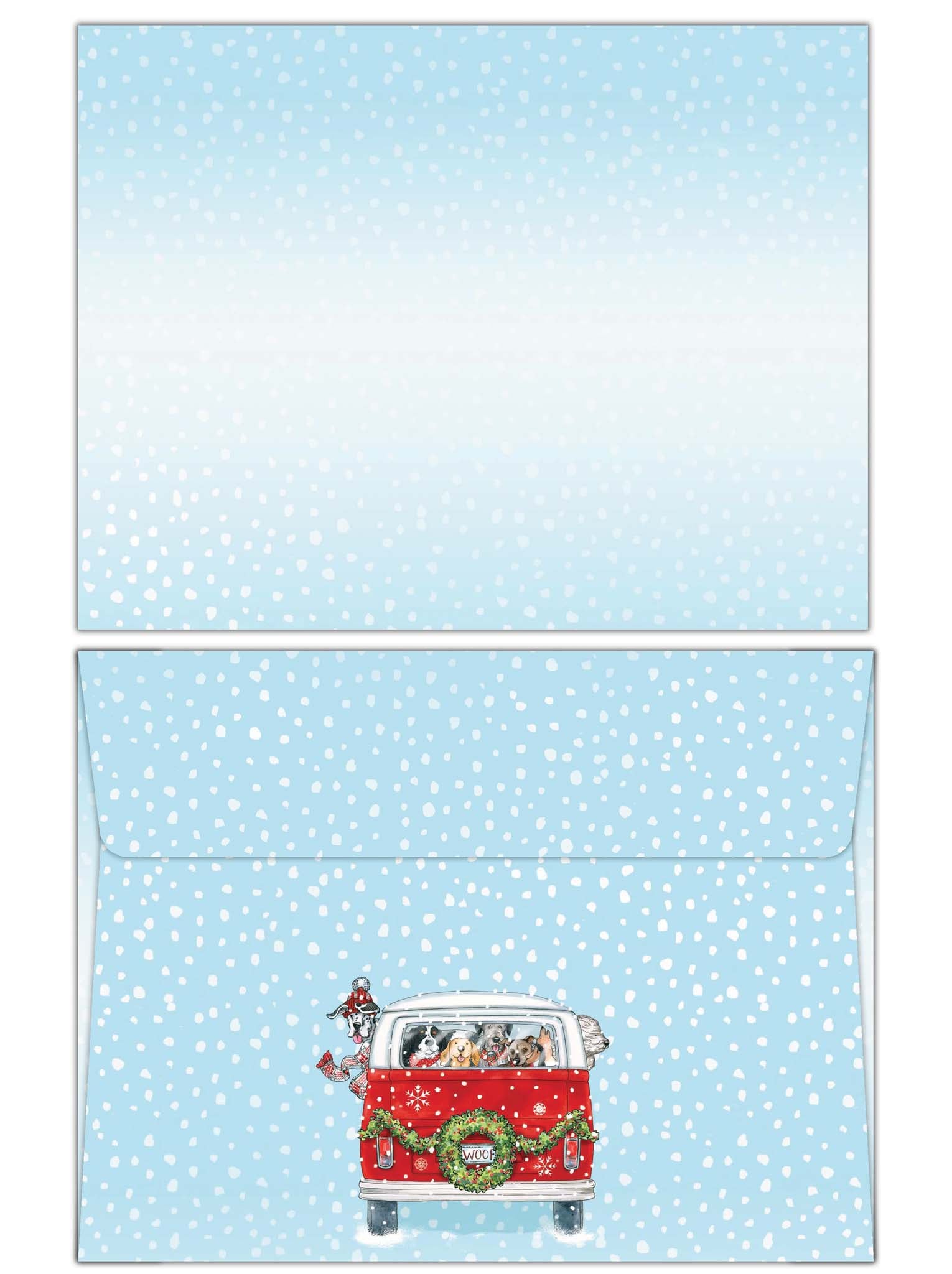 Two blue polka dot envelopes with a red van and Christmas wreath design on a white background.