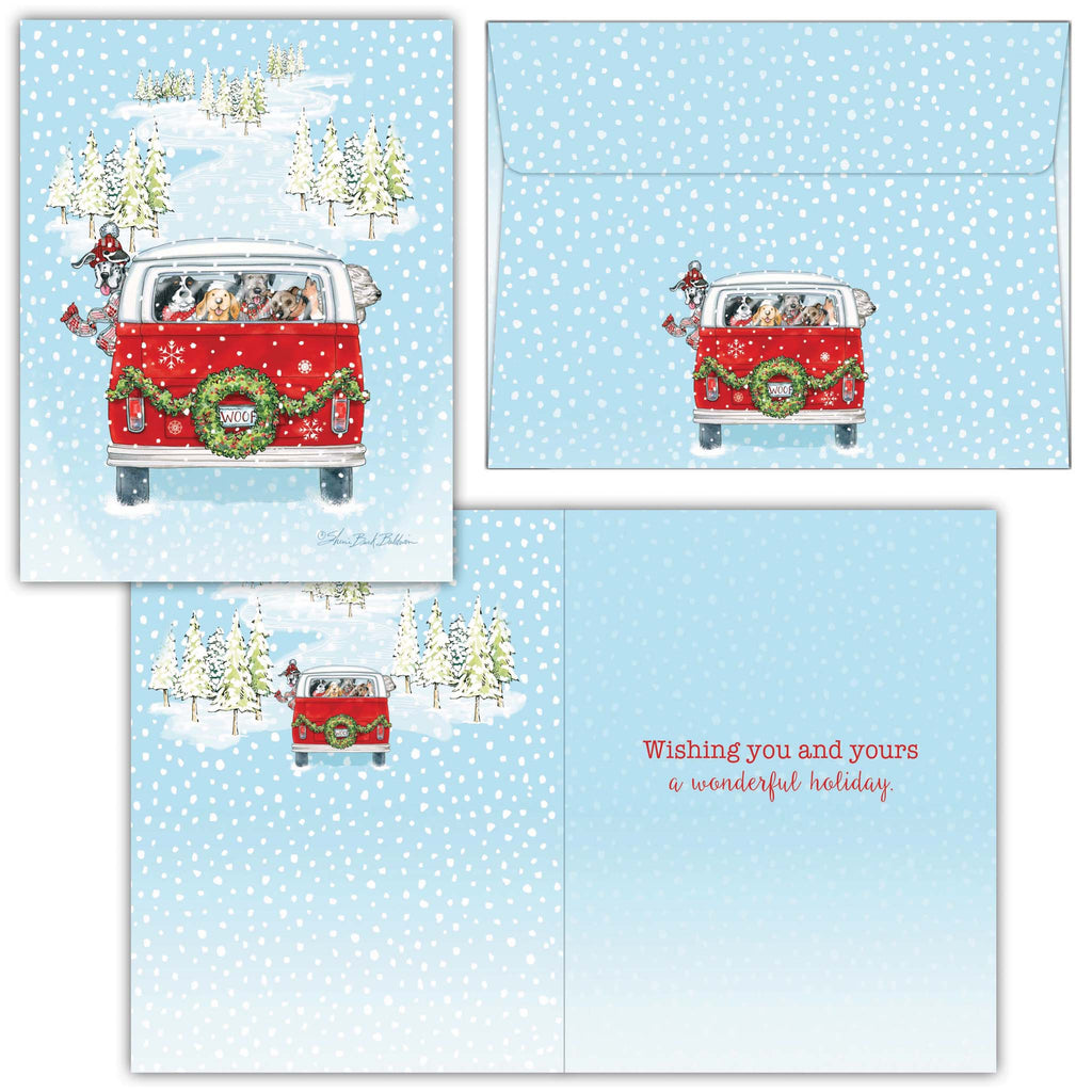 Set of Christmas cards with a red van and festive trees on a blue background.