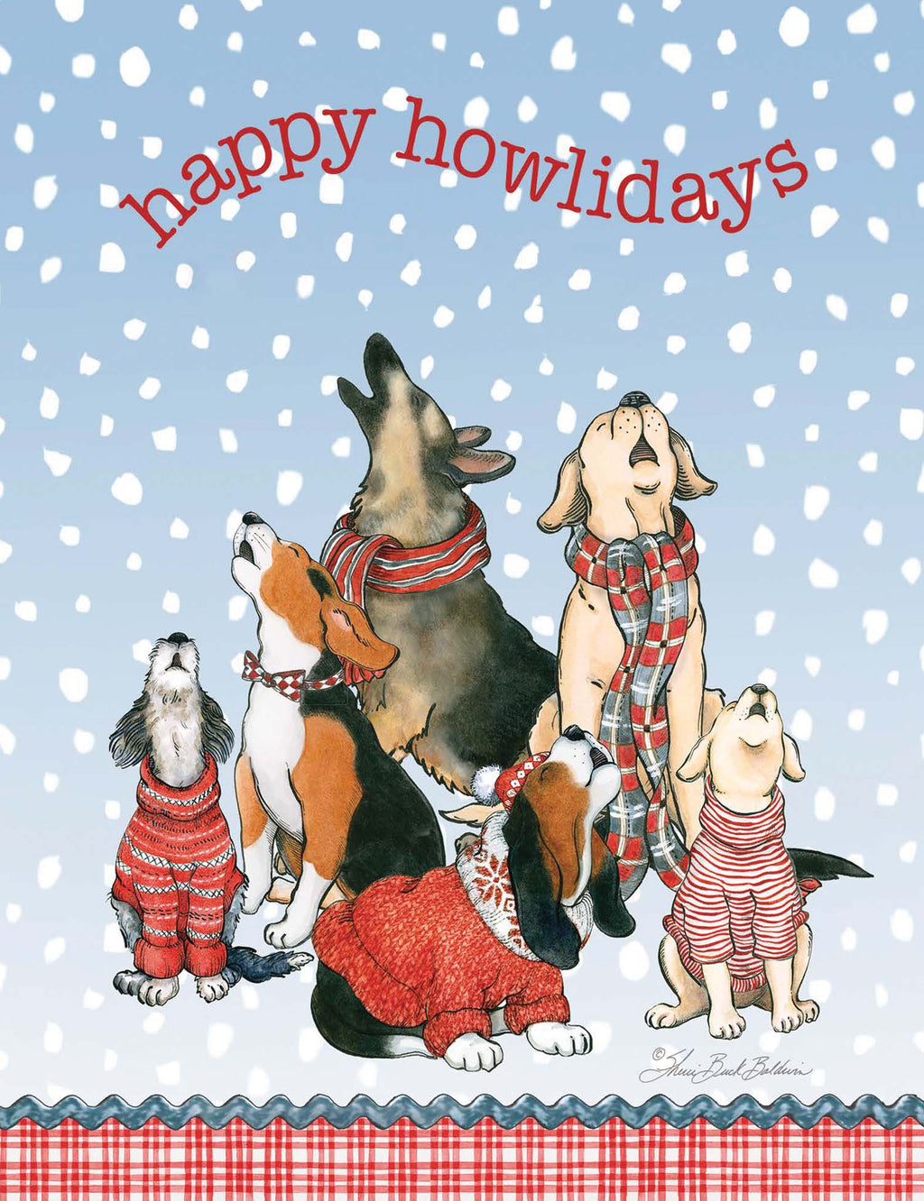 Illustration of dogs in winter clothing with 'happy howlidays' text on a snowy background.
