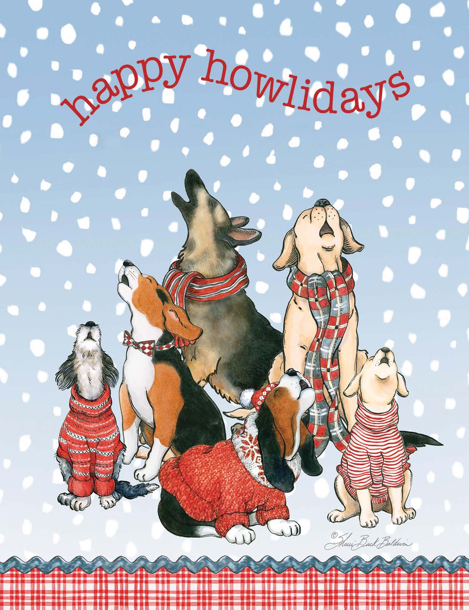Illustration of dogs in winter clothing with 'happy howlidays' text on a snowy background.