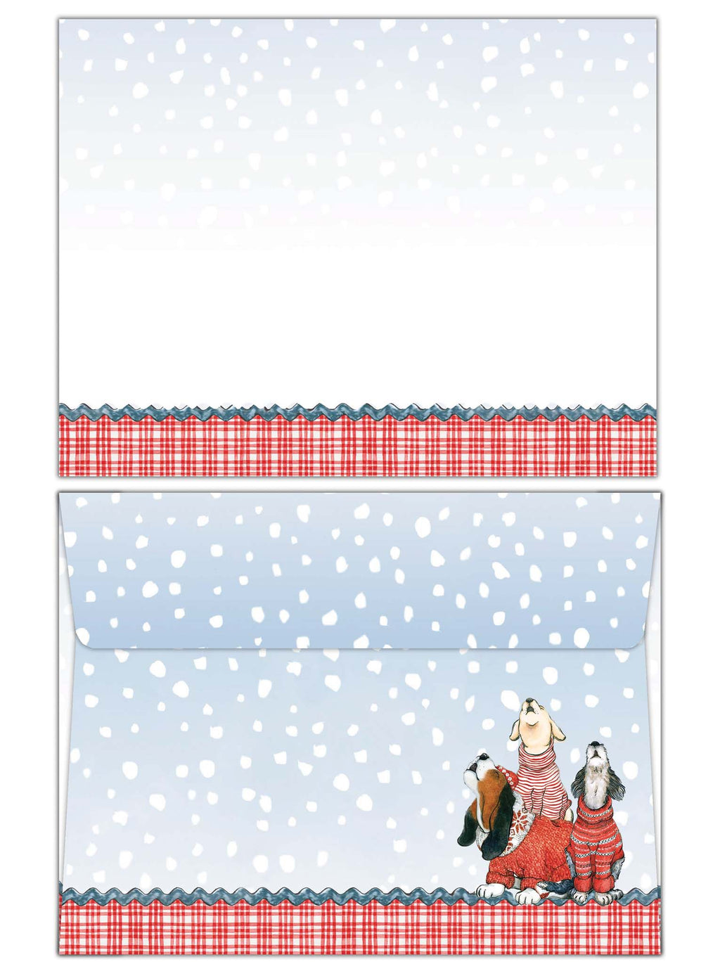 Design with two dogs in winter clothing on a snowy background