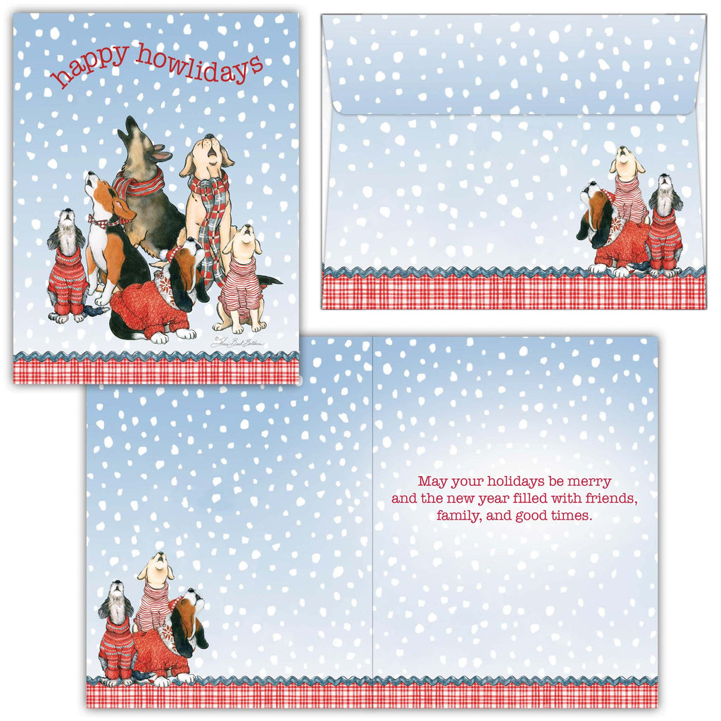 Set of Christmas cards with dogs in winter clothing on a blue snowy background.