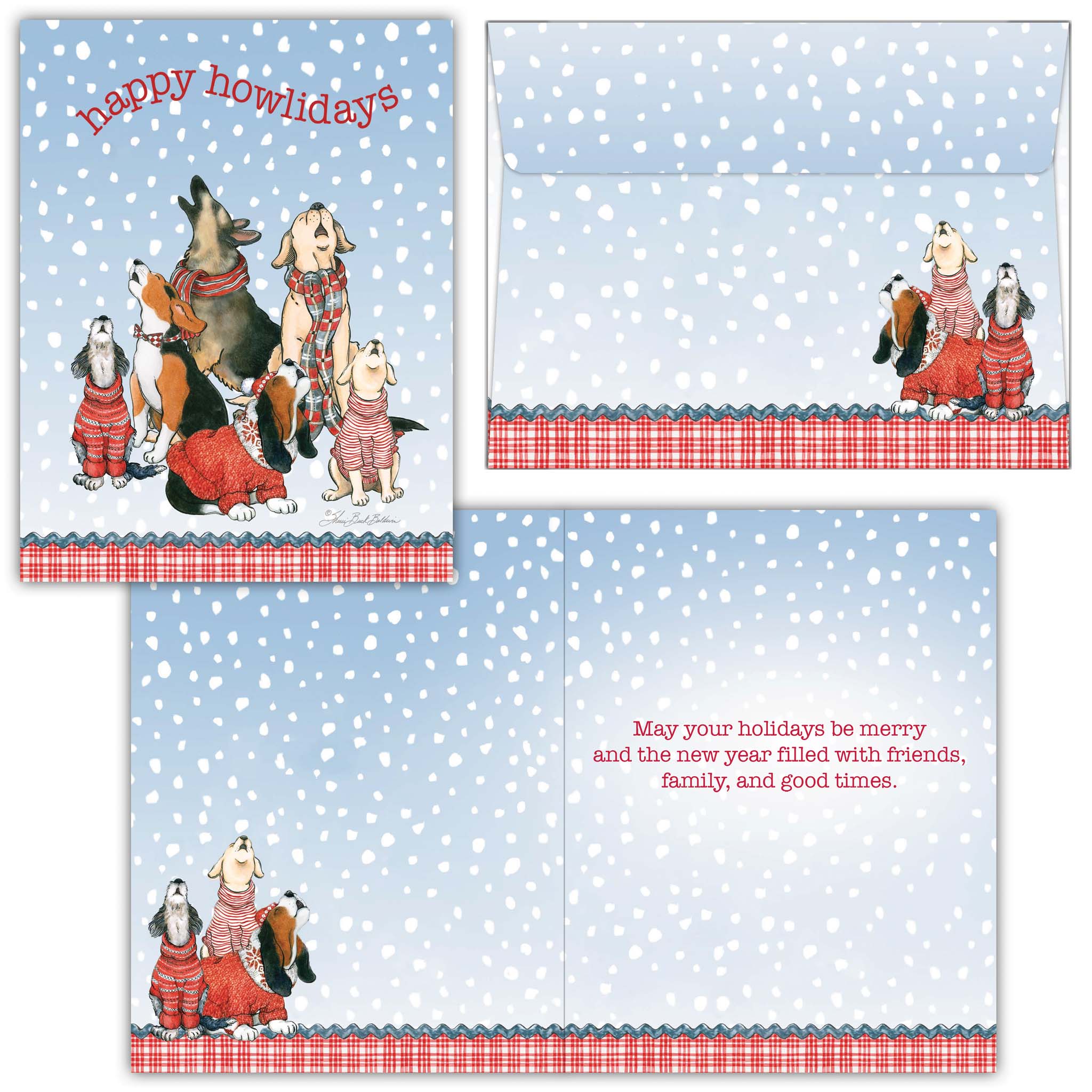 Set of Christmas cards with dogs in winter clothing on a blue snowy background.