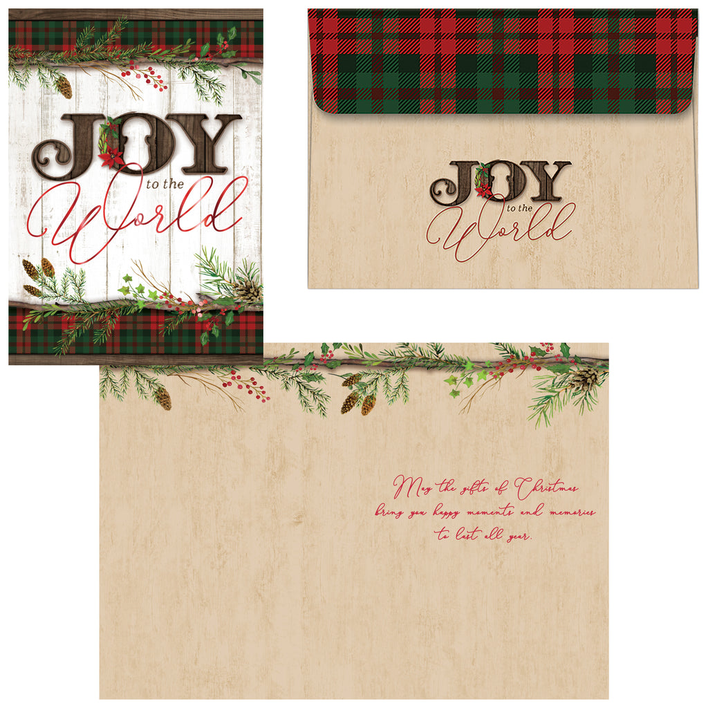 Front of Christmas Card with Joy to the world, back of the custom envelope and interior of card with message
