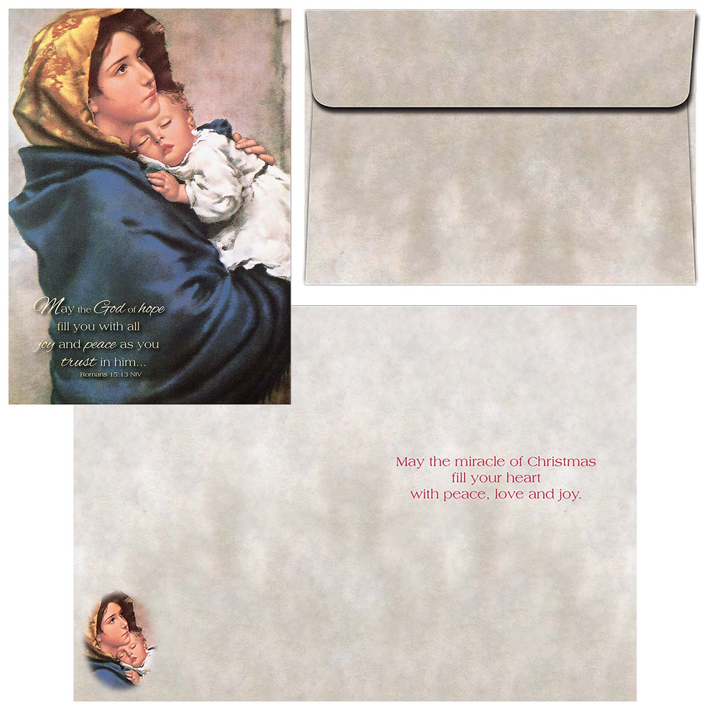 Front of card, envelope and inside of card featuring Madonnina