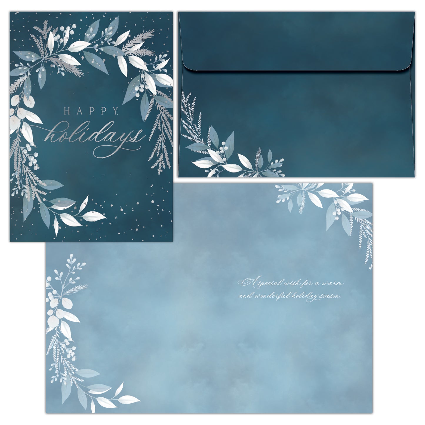 christmas card with silver blue wreath and printed envelope