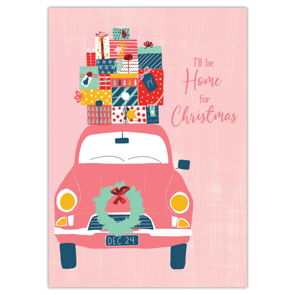 Illustration of a pink car with Christmas gifts and wreath on a pink background with 'I'll be Home for Christmas' text.