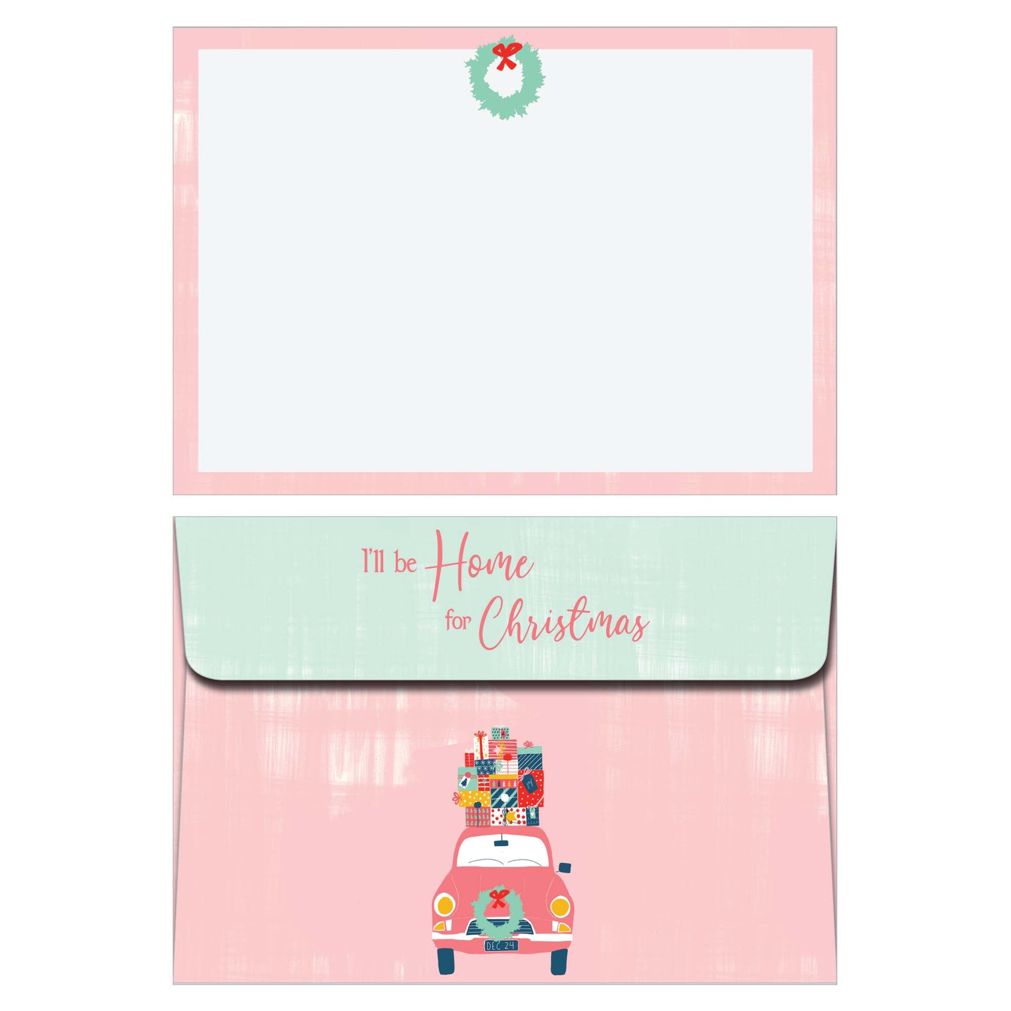 Set of Christmas-themed cards with a pink border, wreath, and car illustration.
