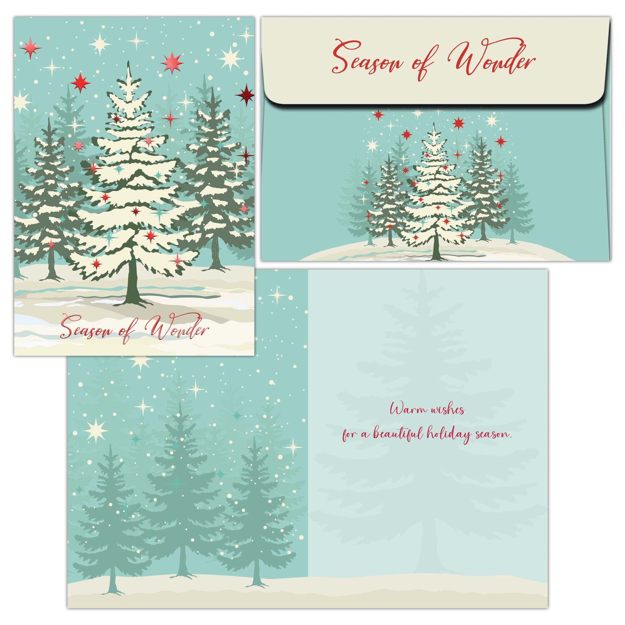 Set of Christmas cards with snowy trees and 'Season of Wonder' text on a blue background.