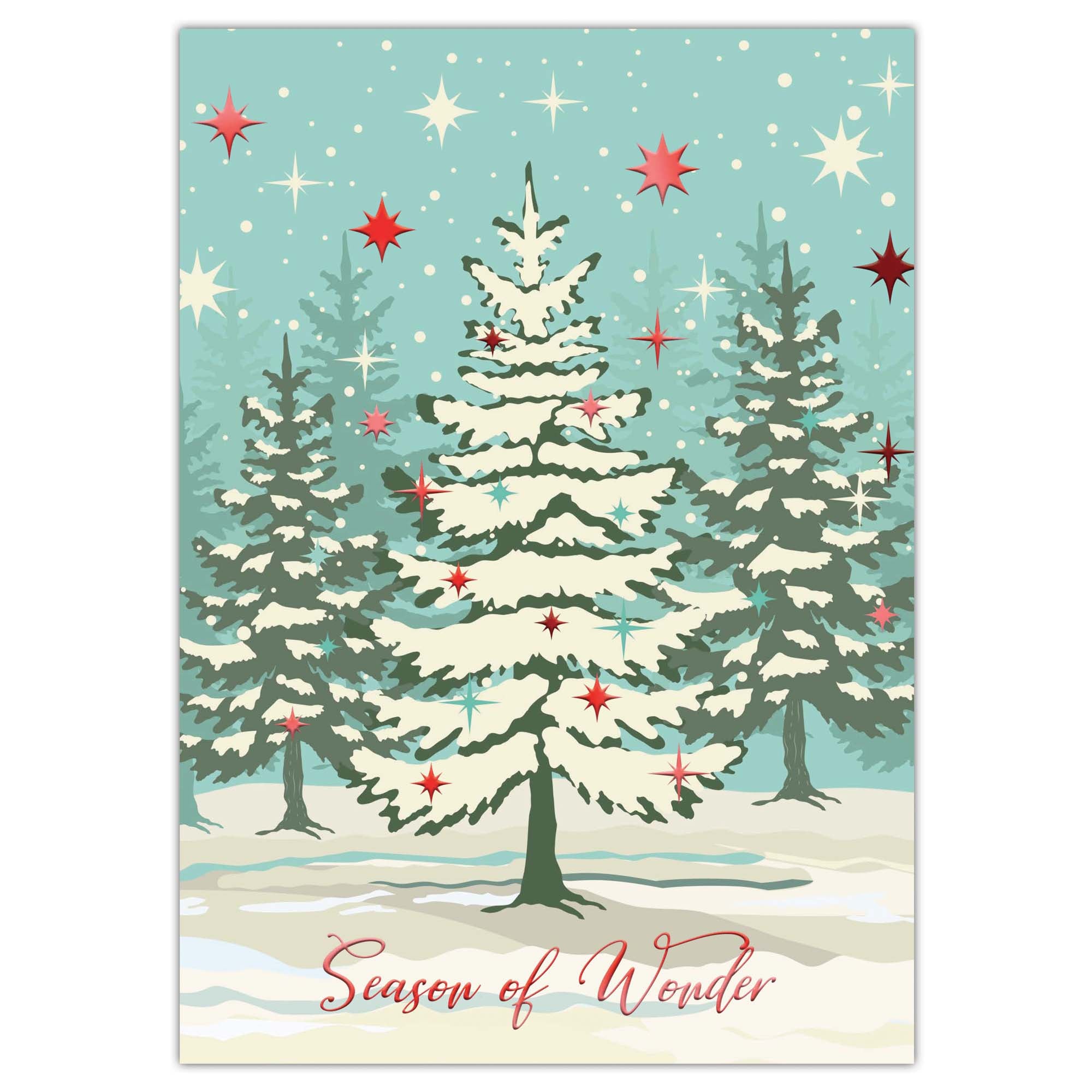 Christmas card with snowy trees and 'Season of Wonder' text on a light blue background.