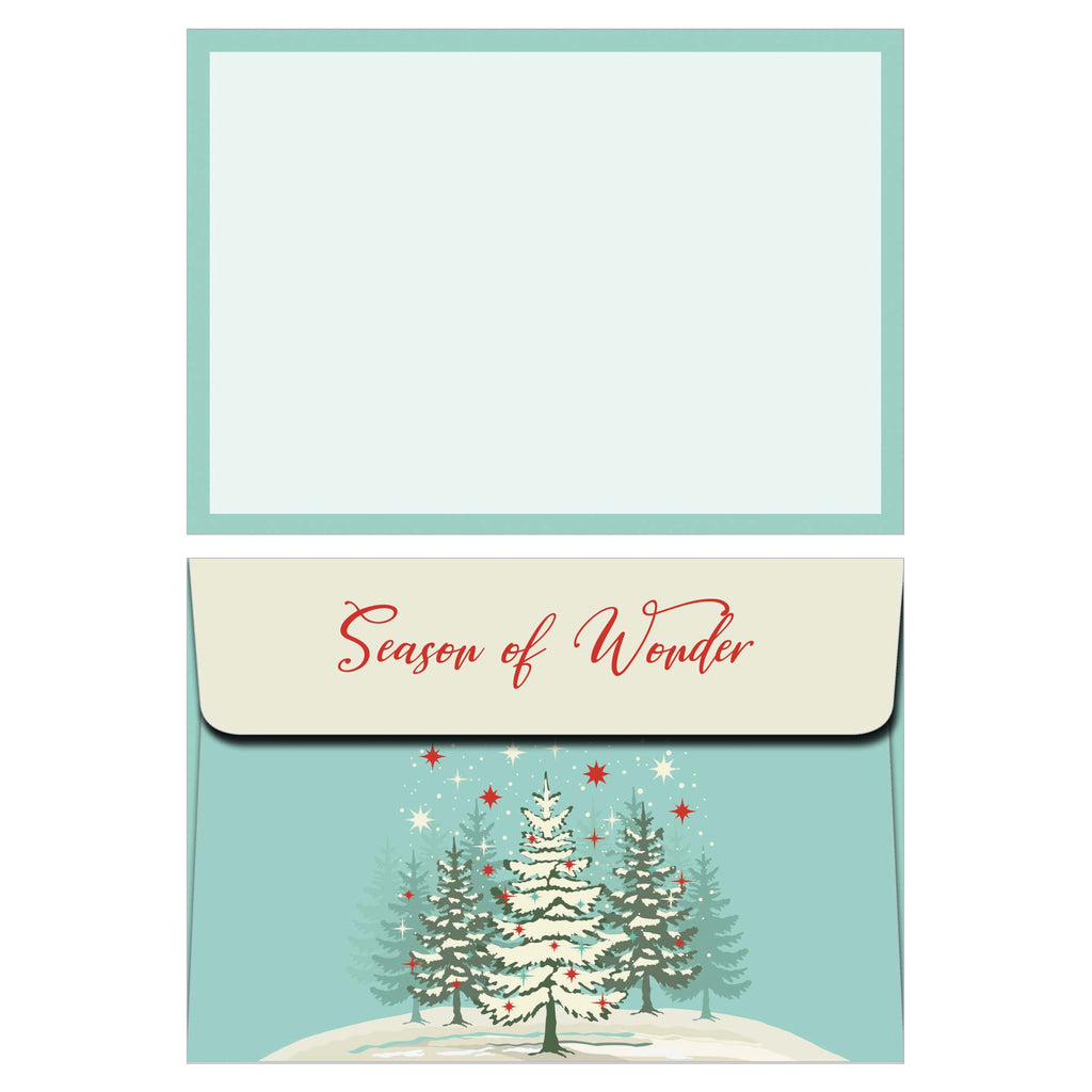 Christmas card with trees and 'Season of Wonder' text on a light blue background