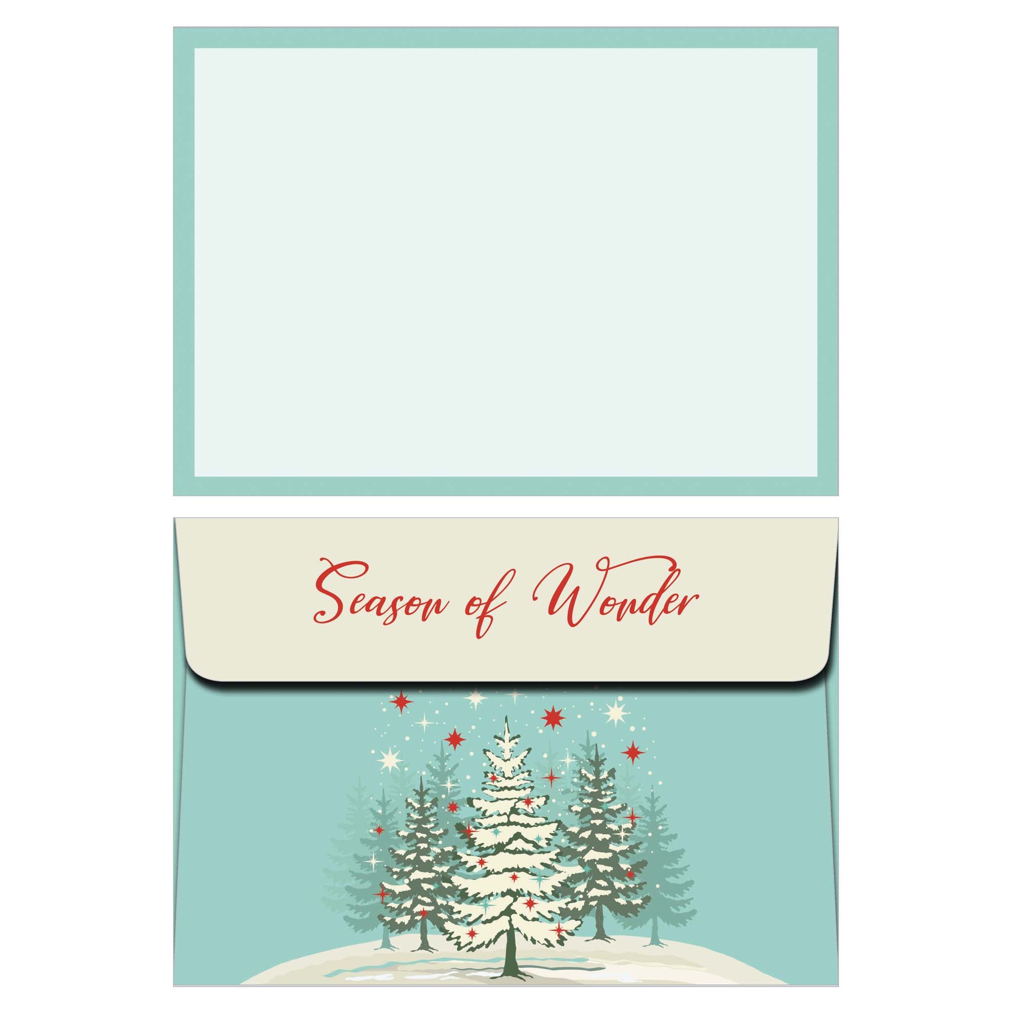 Christmas card with trees and 'Season of Wonder' text on a light blue background