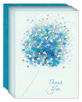 Greeting card with blue and multicolored heart design and 'Thank You' text on a white background