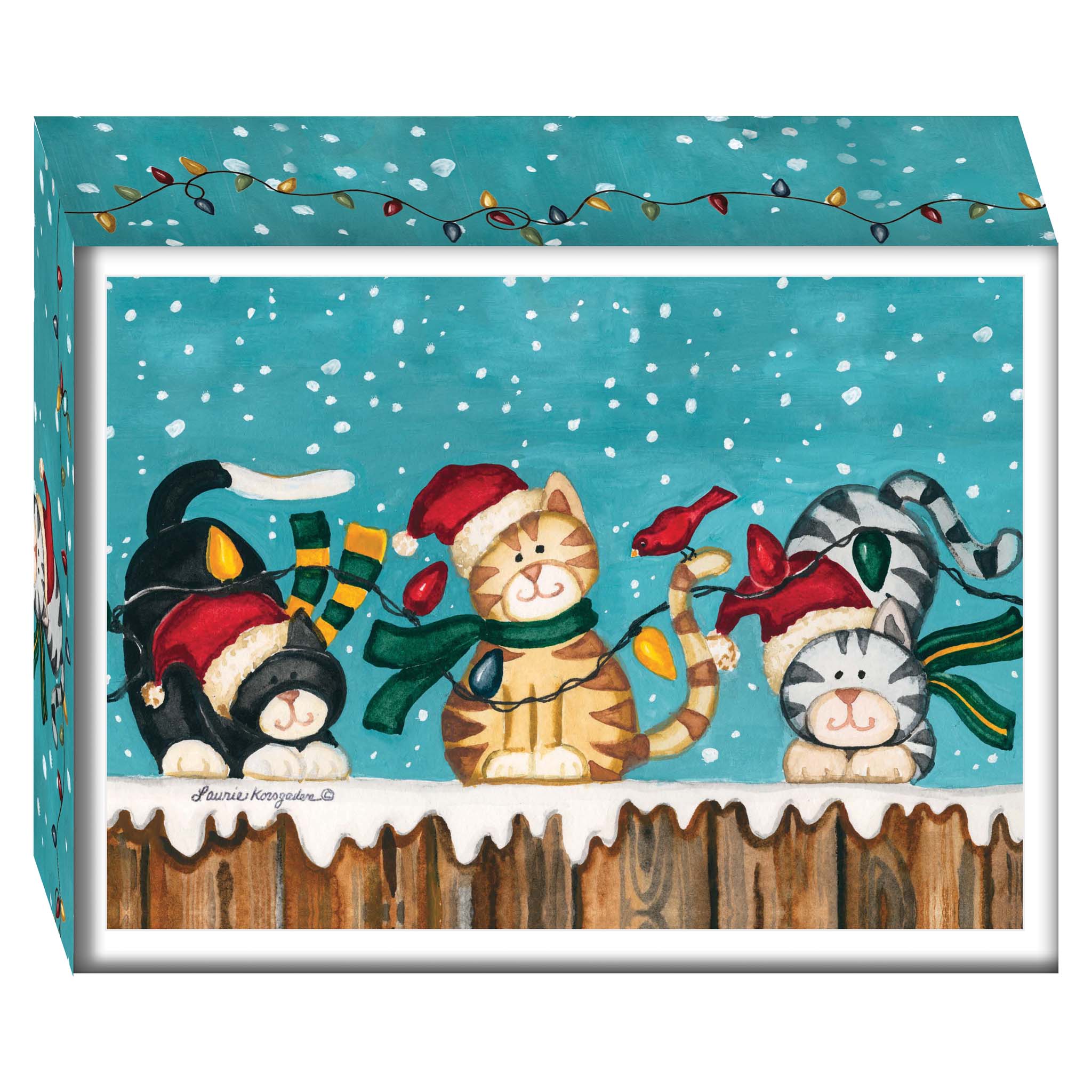 Decorative box with Christmas-themed illustration of cats and a bird on a snowy background.