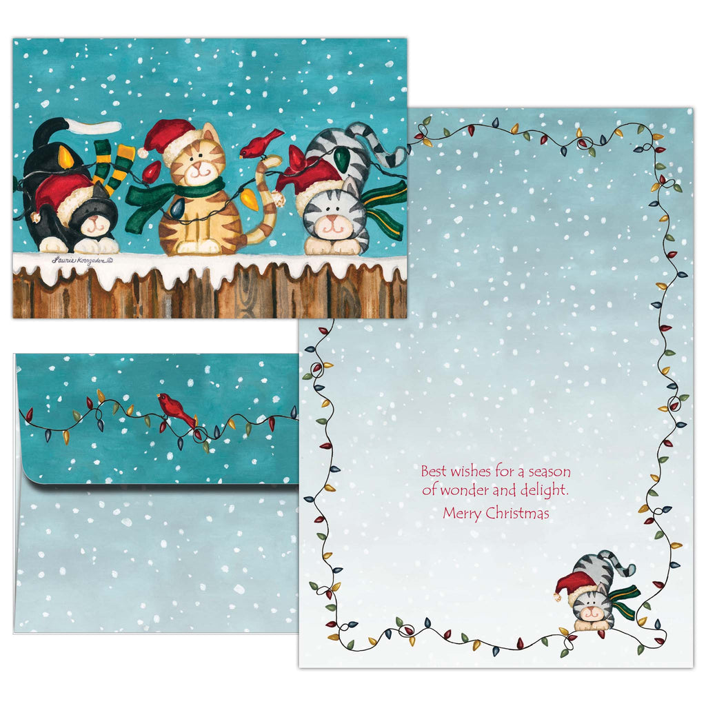 Set of Christmas cards with cartoon animals and festive designs.