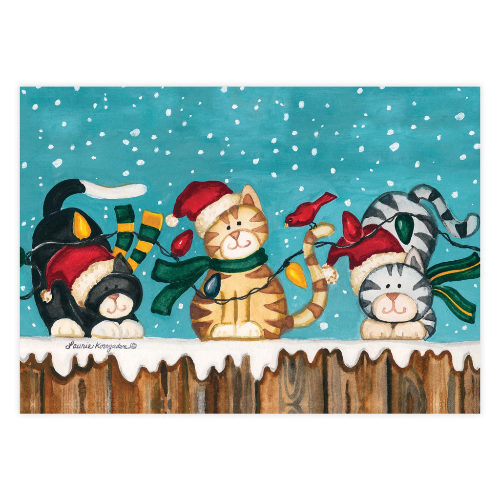 Illustration of cats wearing Christmas hats and lights on a snowy background