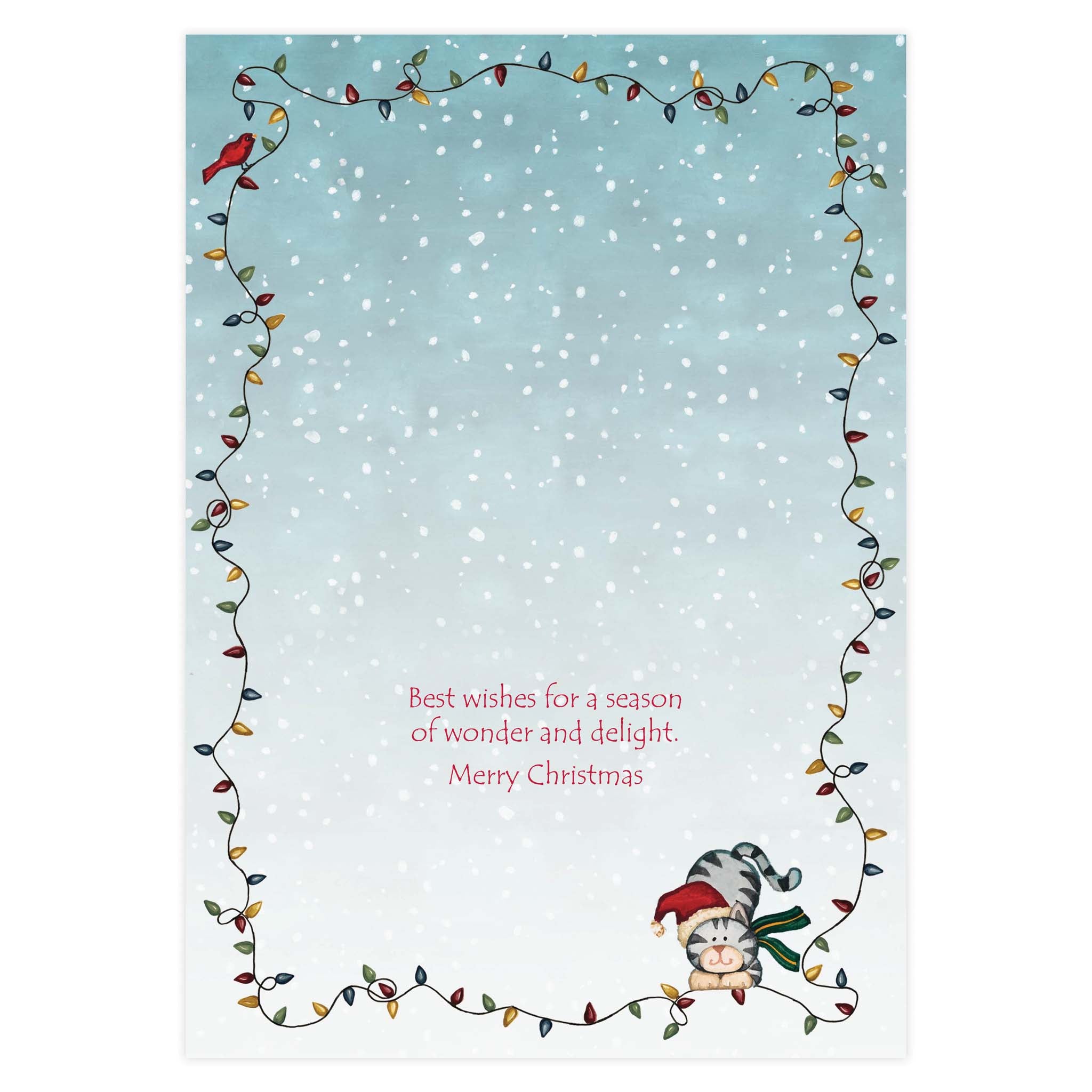 Christmas card with colorful lights and a gnome on a blue snowy background
