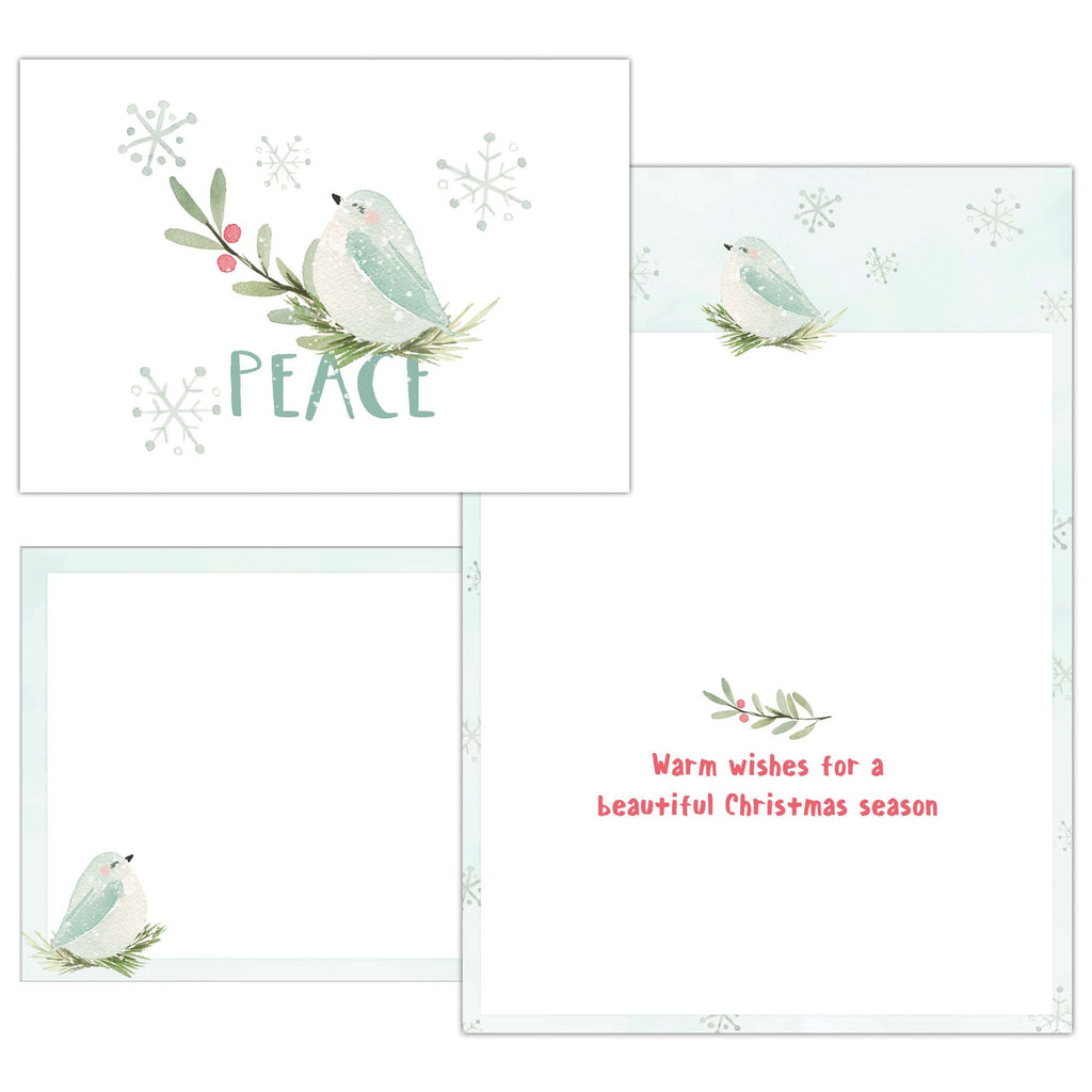 Set of Christmas cards with birds and 'Peace' text on a white background