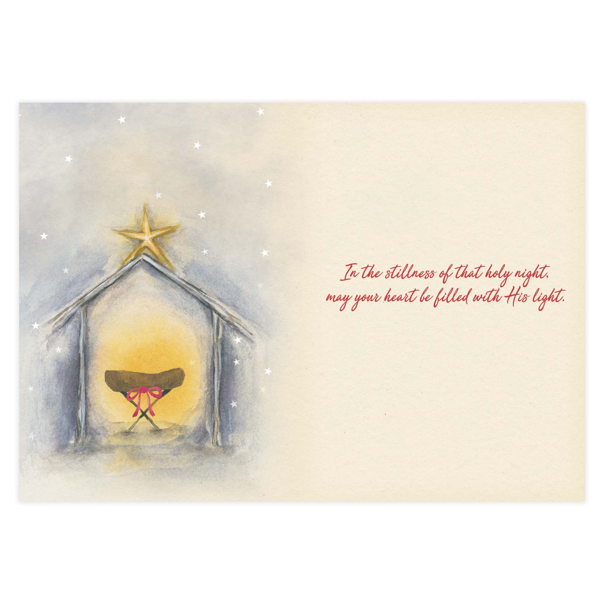 Nativity scene with star on a light background, featuring a Christmas message.