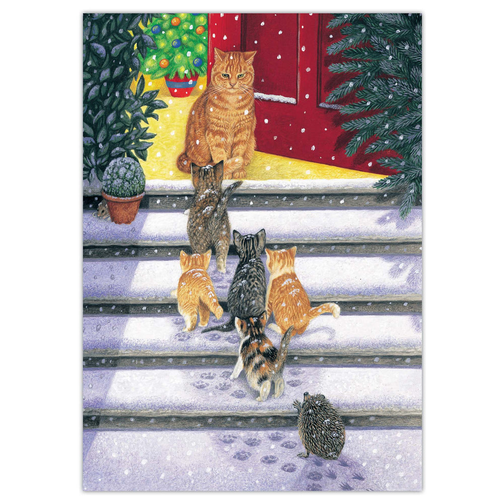 Illustration of cats and a hedgehog on a snowy porch with Christmas decorations.