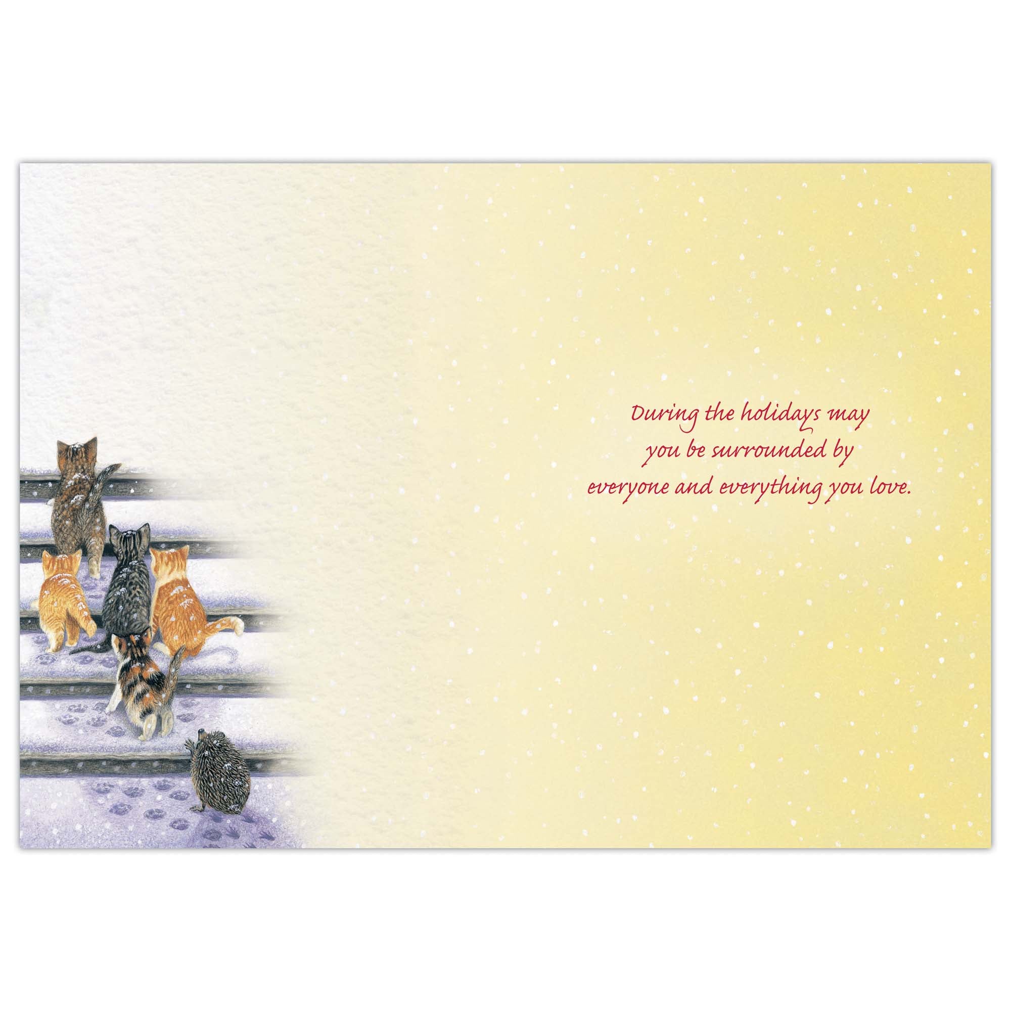 Card with cats on a snowy fence and text on a yellow background