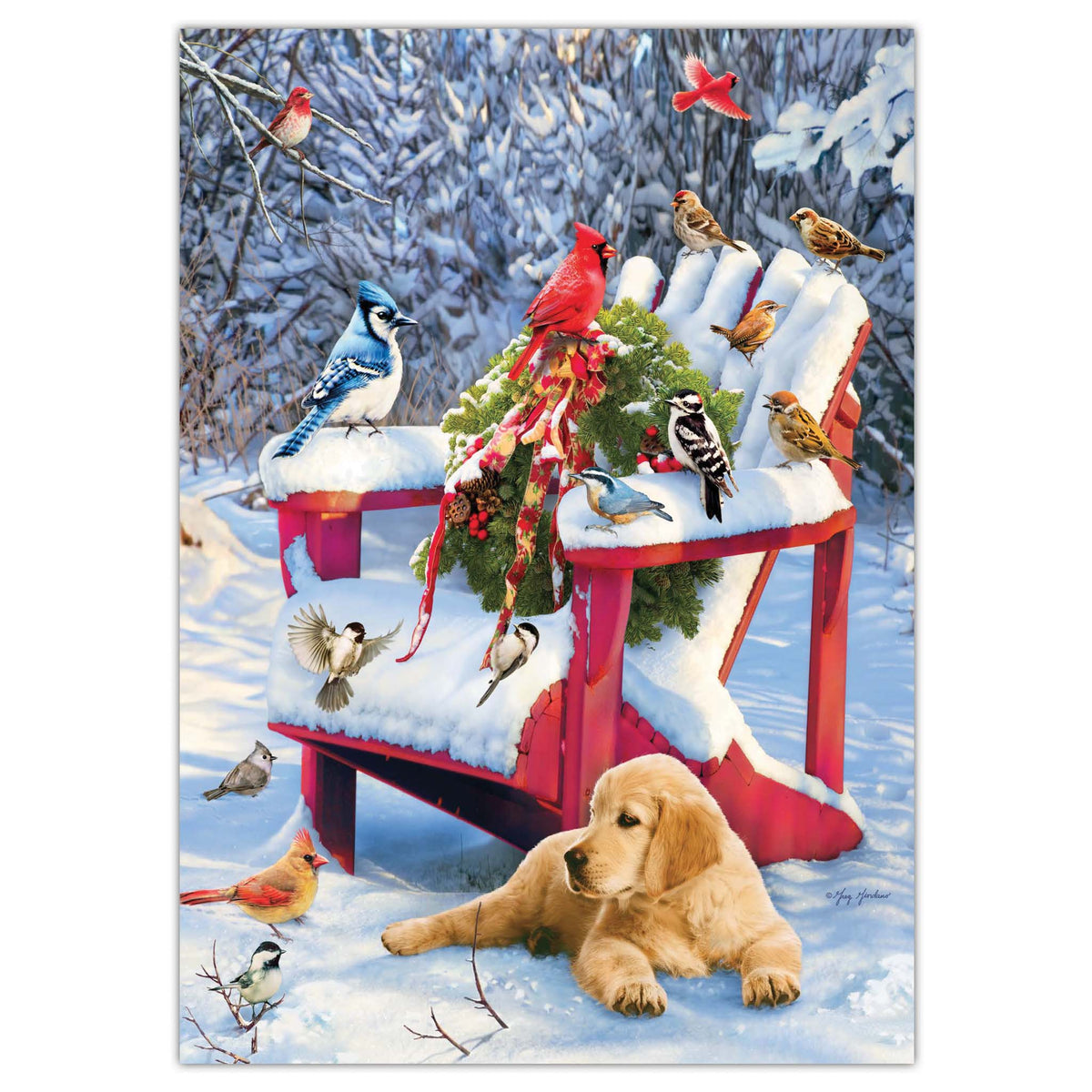 Winter Birds & Golden Retriever Boxed Christmas Cards – 18 Count