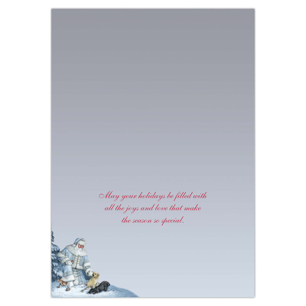 Holiday card with Santa Claus and text on a light gray background