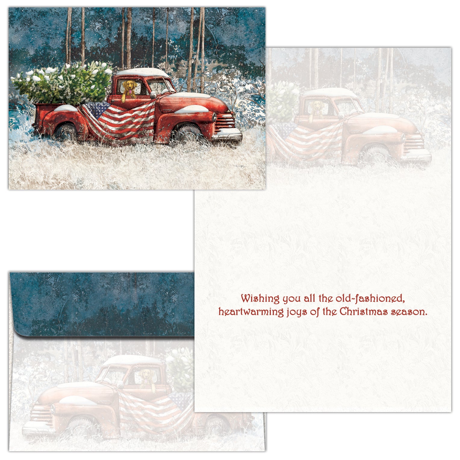 christmas card with red truck, american flag and dog