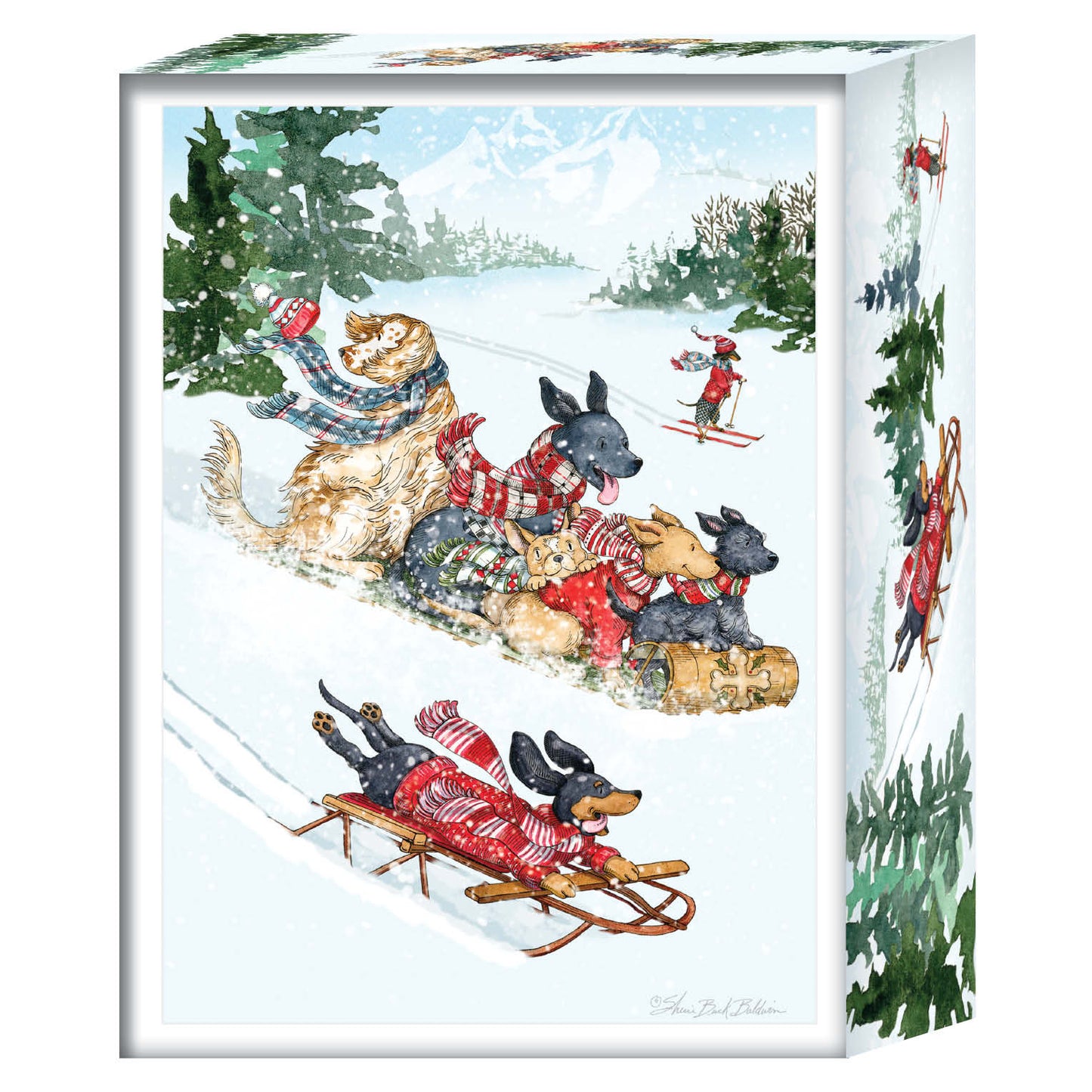 Toboggan Dogs-  26 Boxed Christmas Cards and Envelopes