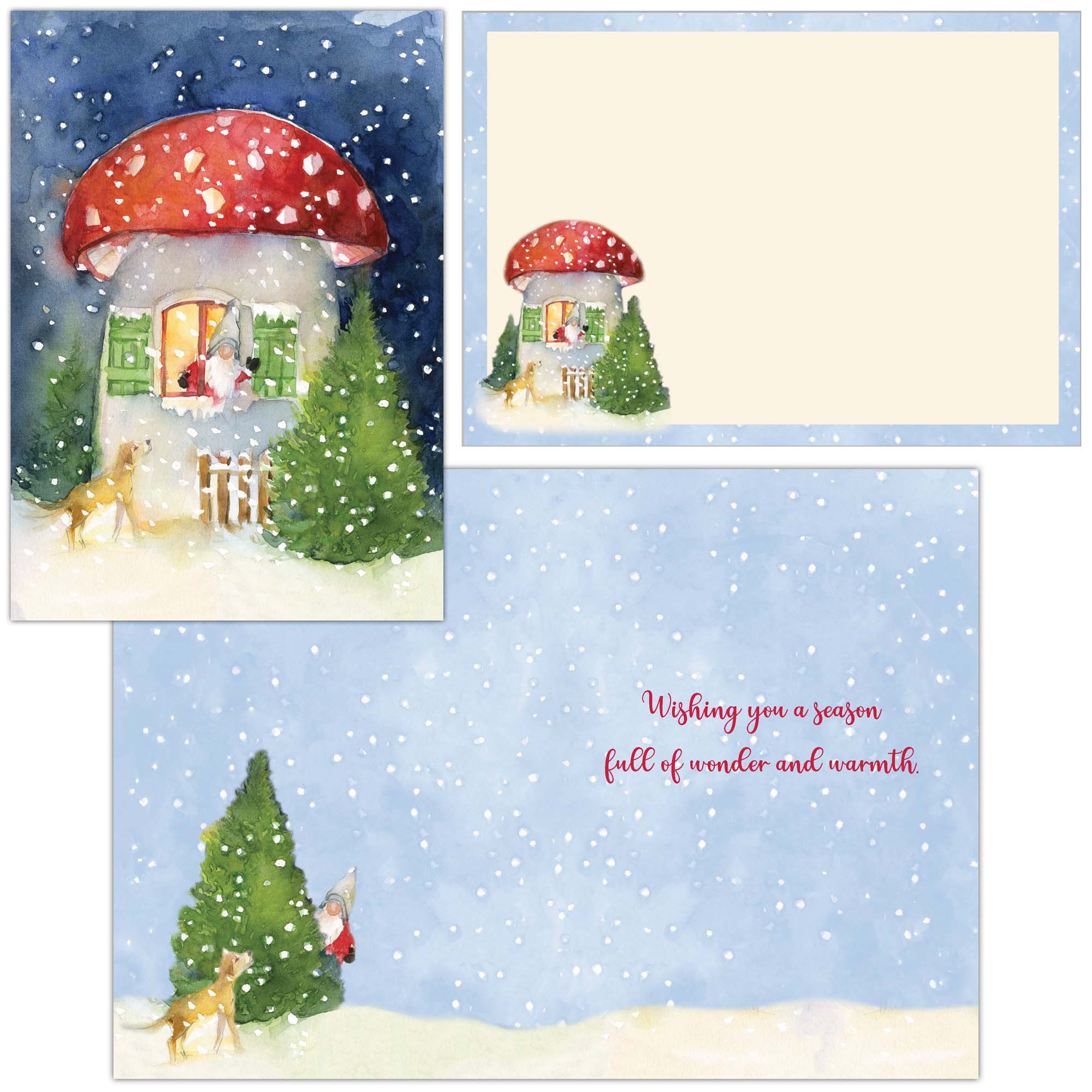 Set of Christmas cards with mushroom house and snowy landscape illustrations.
