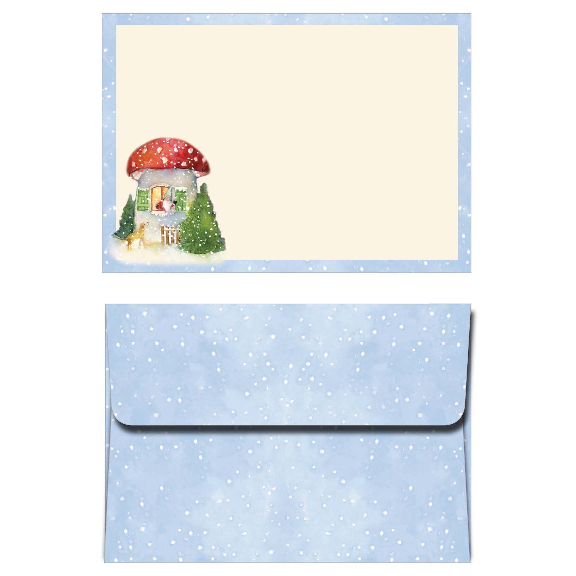 Gnome with mushroom house card and matching envelope on a white background